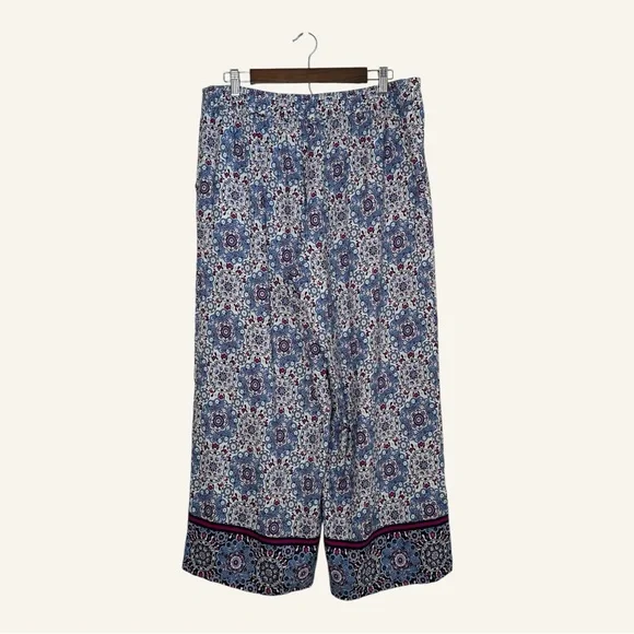Loft Women's Size L Floral Linen Blue Cotton Elastic Waist High Rise Crop Pants - Picture 2 of 9